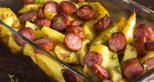 Village Sausage and potatoes in the oven.